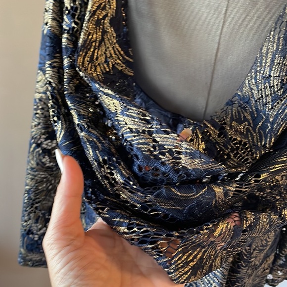 Marina cocktail stretch lace foil dress STATEMENT sheer BACK sheath navy gold L - Picture 9 of 16